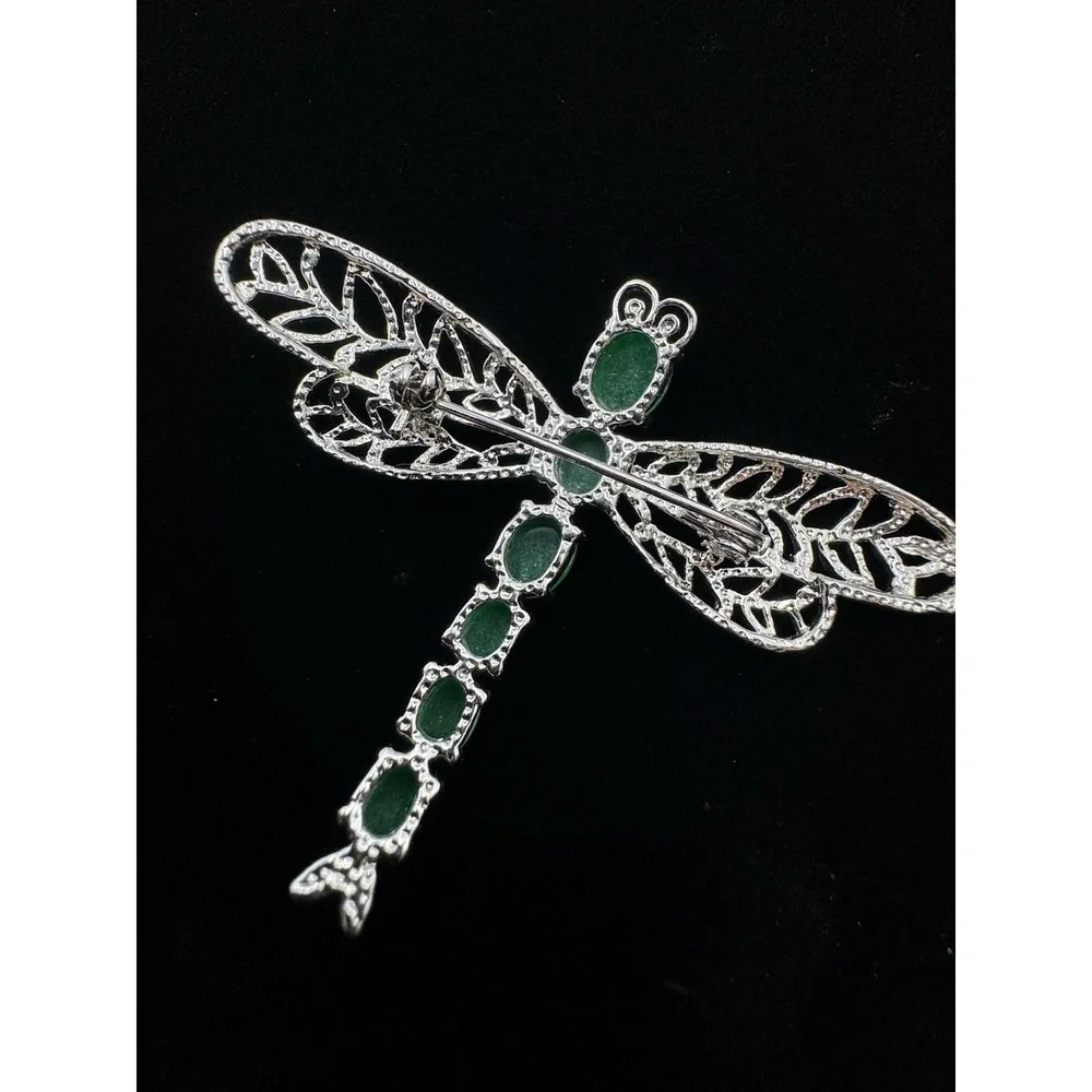 Silver Tone Jadeite Openwork Dragonfly Brooch Pin Bug‎ Jewelry